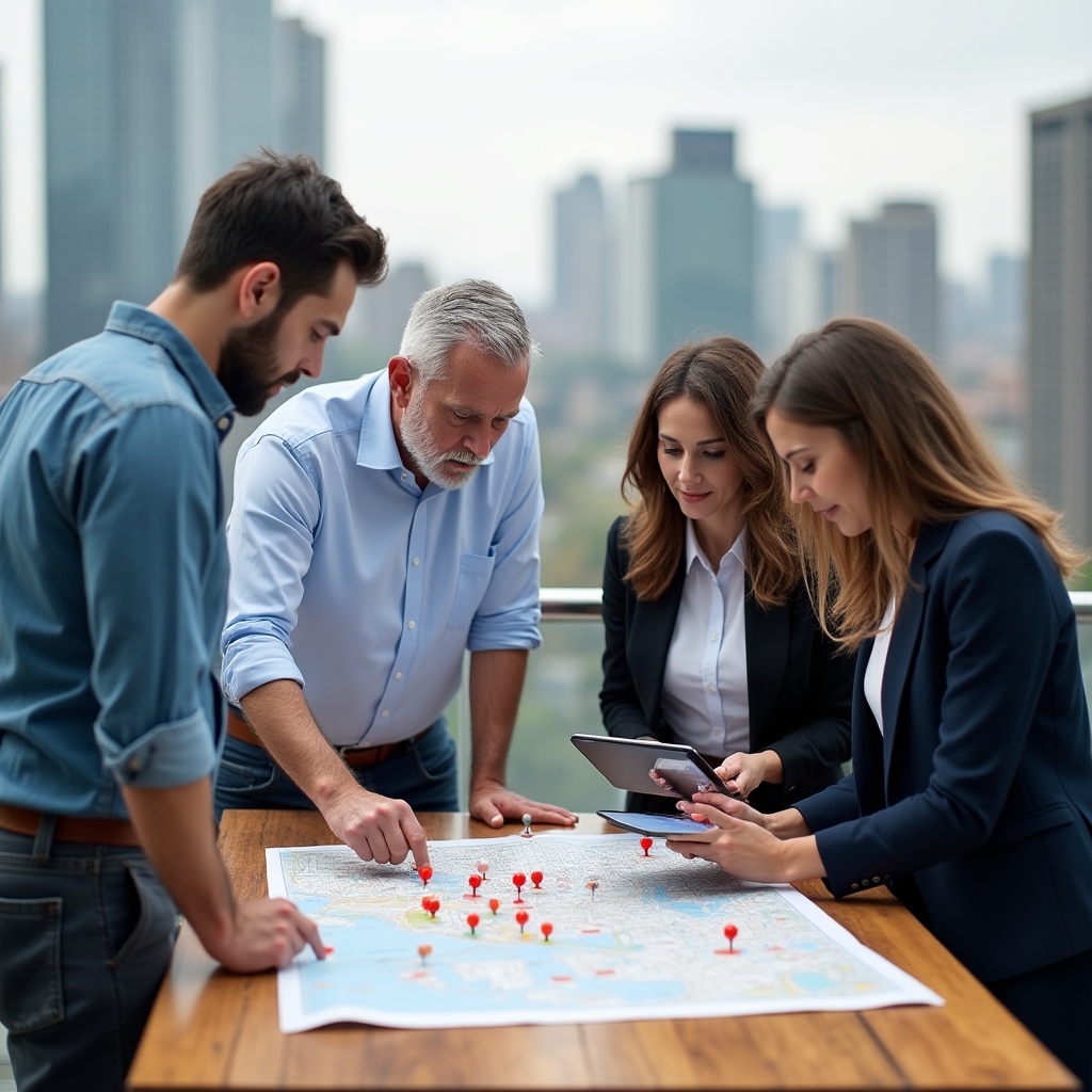 Team reviewing a printed city map marked with location pins during a local SEO planning discussion
