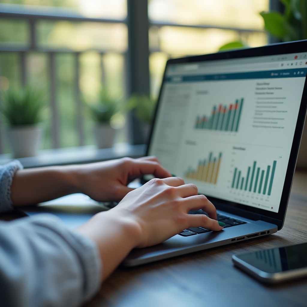 Close-up of hands reviewing search performance charts on a laptop screen