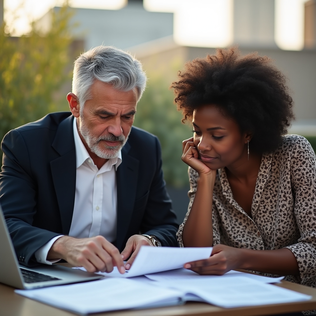 Two colleagues reviewing printed notes and a laptop together during a rooftop discussion