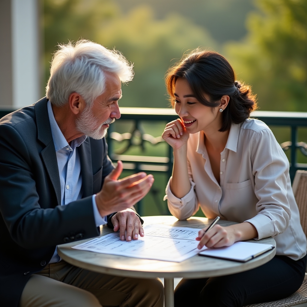 Two professionals discussing access options at a table during an outdoor consultation