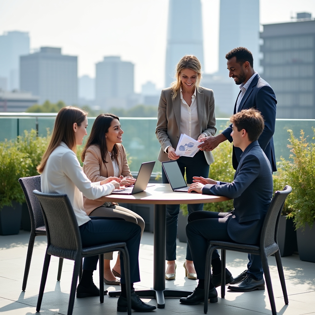 Diverse group of professionals gathered around a table during an outdoor rooftop planning meeting